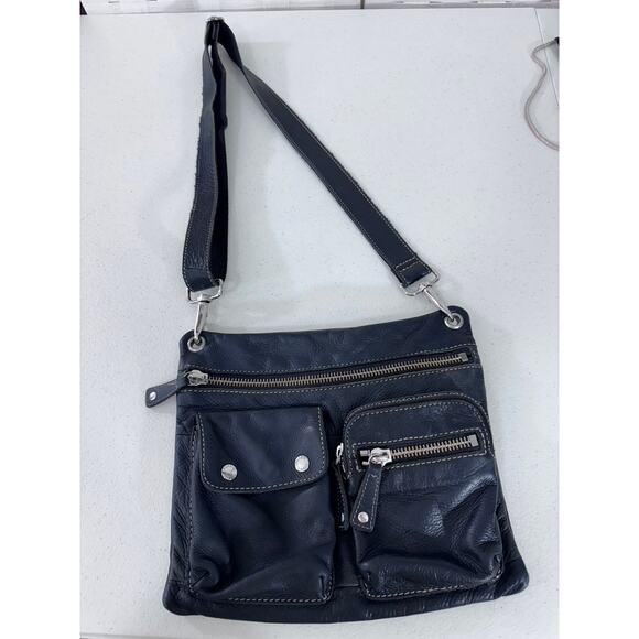 "FOSSIL" Black Leather Crossbody Zippers Adjustable Strap Goth Y2K Academia - Picture 3 of 6